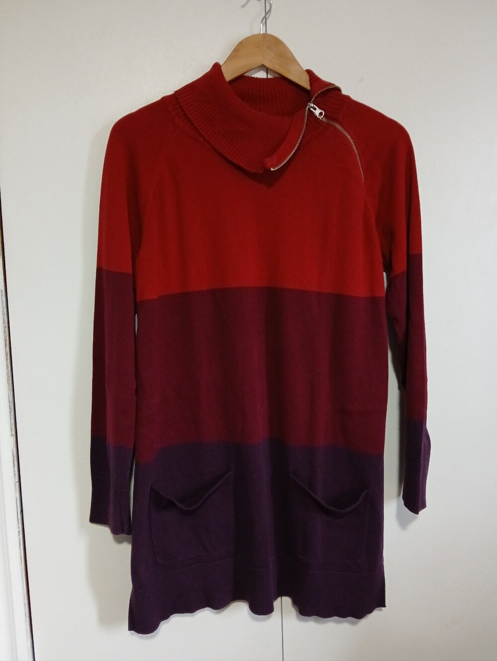 eight eight eight Colorblock Cowl Neck Cotton Sweater Dress Tunic Red Plum S